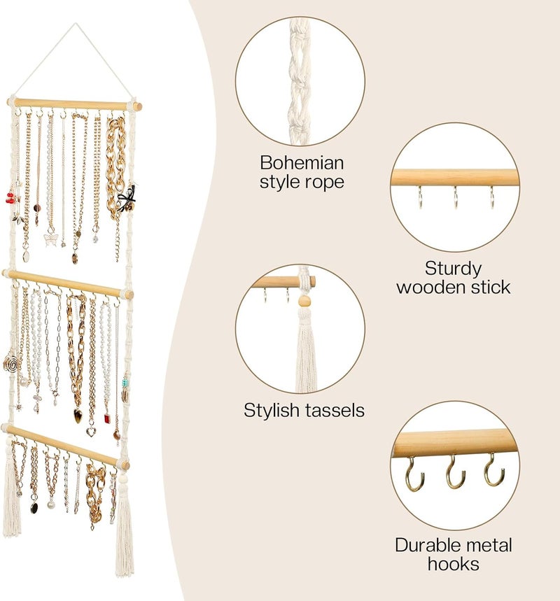 UREYMX Hanging Jewelry Organizer Macrame Necklace Holder, with 30 Hooks, Over Door Necklace Rack, Wall Mounted Jewelry Hanger with Tassel Boho for Necklace Headband Bow Earring Bracelet - Image 3
